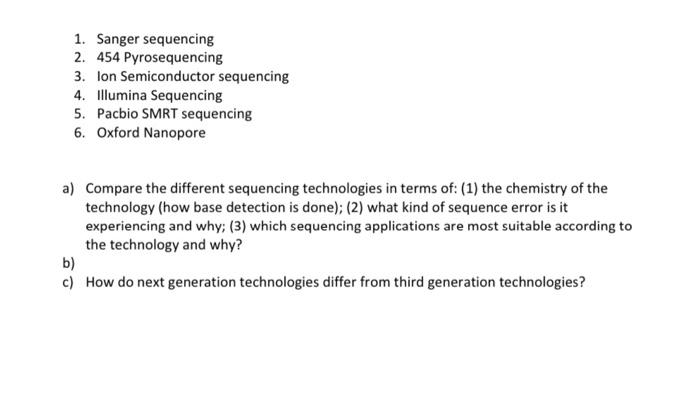 Solved 1 Sanger Sequencing 2 454 Pyrosequencing 3 Ion