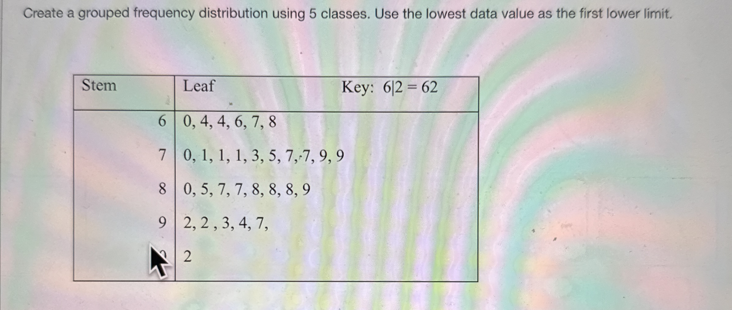 CREATE A FREQUENCY DISTRIBUTION WITH 5 CLASSES visual data 4