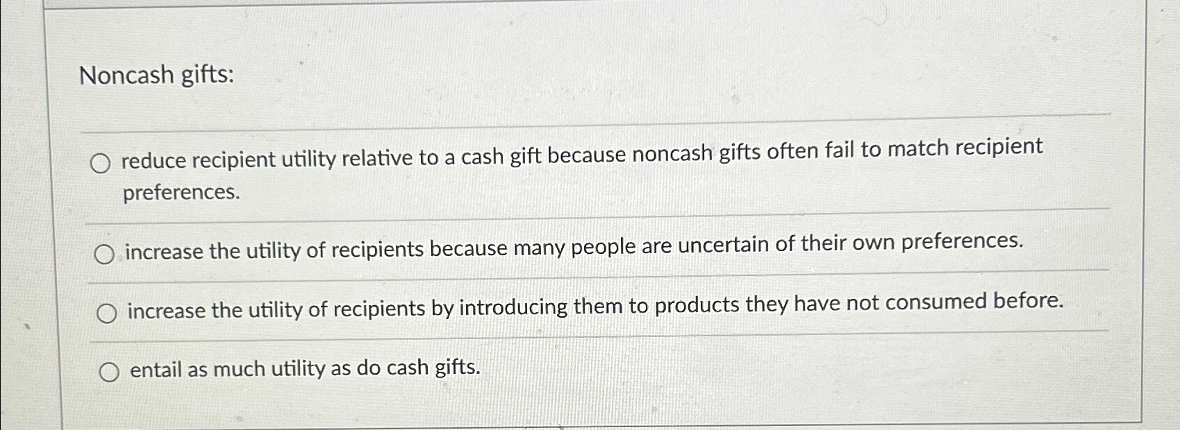 Solved Noncash Gifts:reduce Recipient Utility Relative To A | Chegg.com