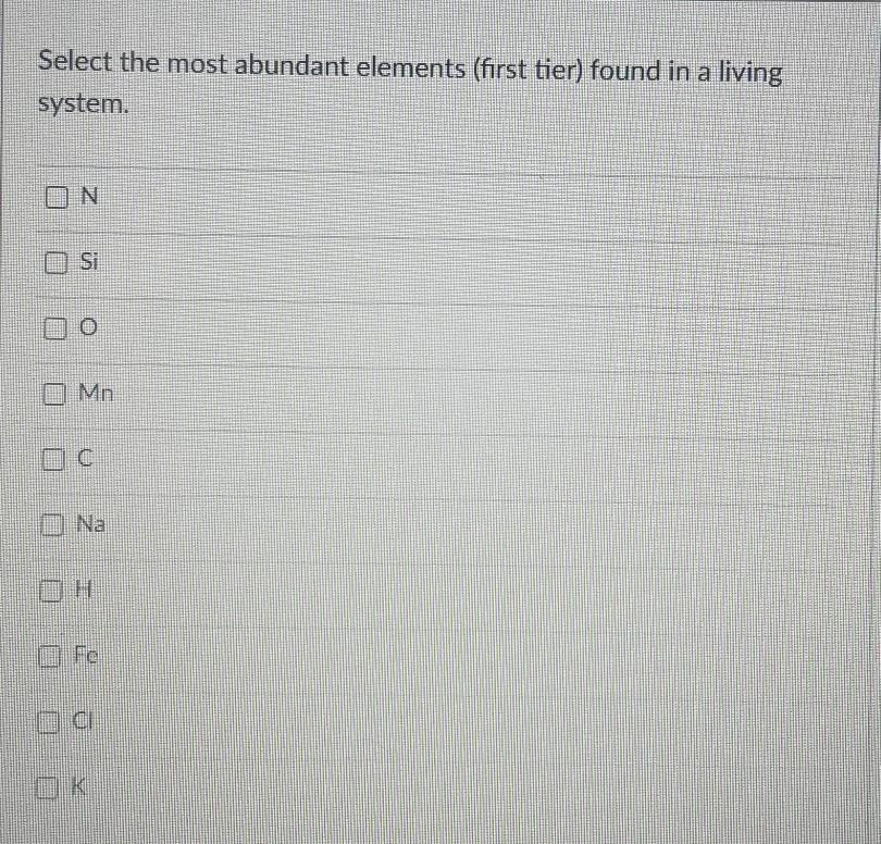 Solved Select the most abundant elements (first tier) found | Chegg.com