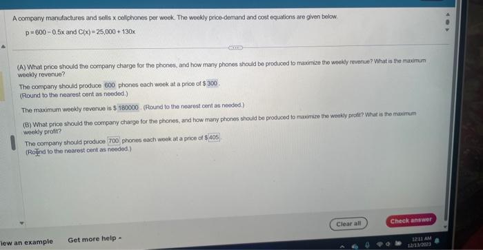 Solved A company manufactures and sells x cellphones per | Chegg.com