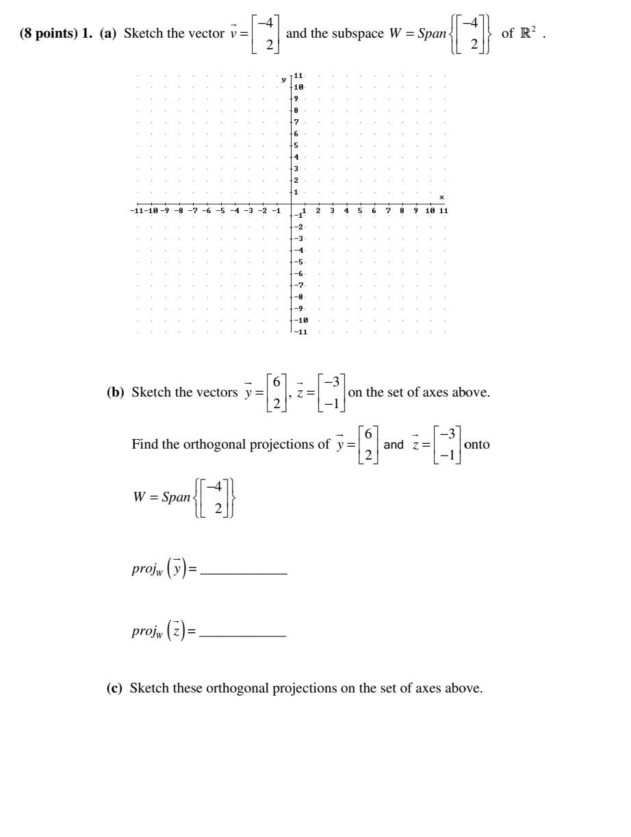 and the subspace W =
Span
11
10
6 2
9 10 11
z =
on the set of axes above.
6
Find the orthogonal projections of y=
-1
and Z=
o