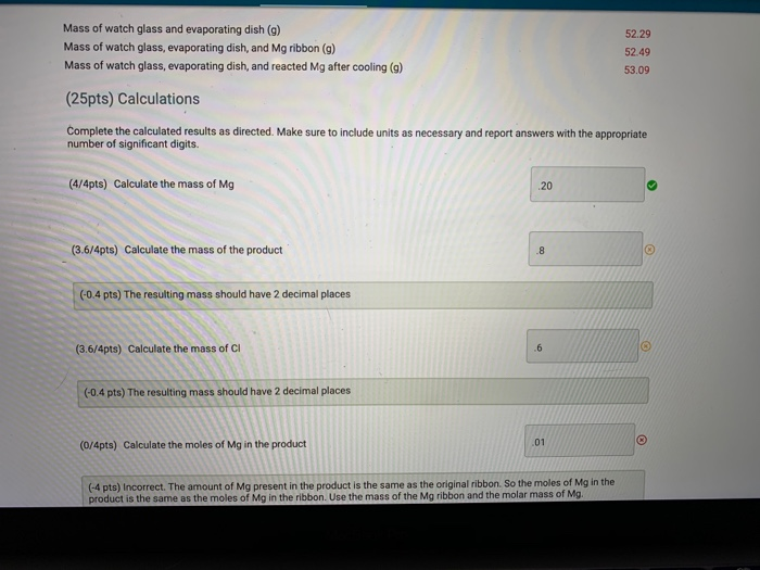 Mass of watch glass and evaporating dish (9) Mass of