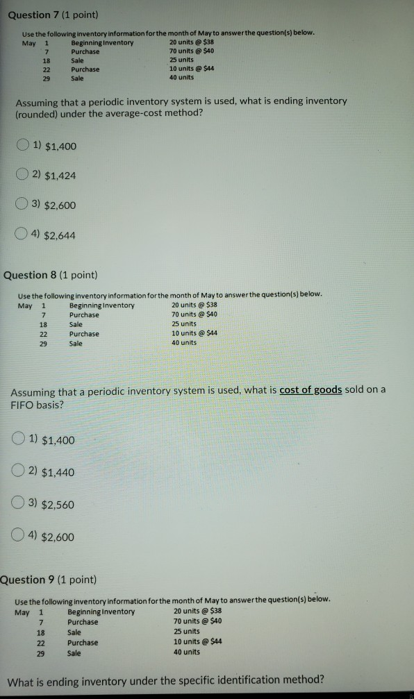Solved Question 7 (1 point) Use the following inventory | Chegg.com