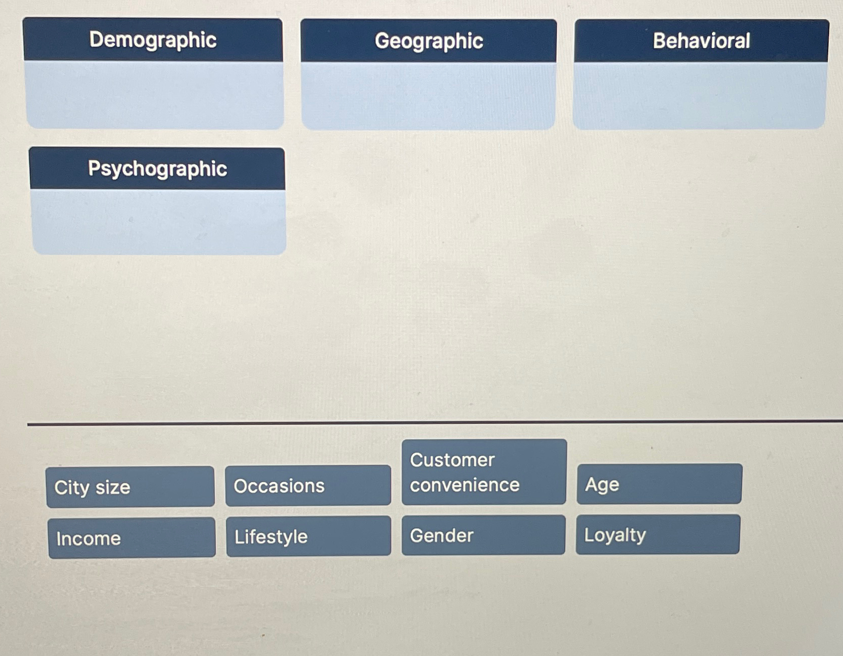 Solved DemographicGeographicBehavioralPsychographicCustomer | Chegg.com
