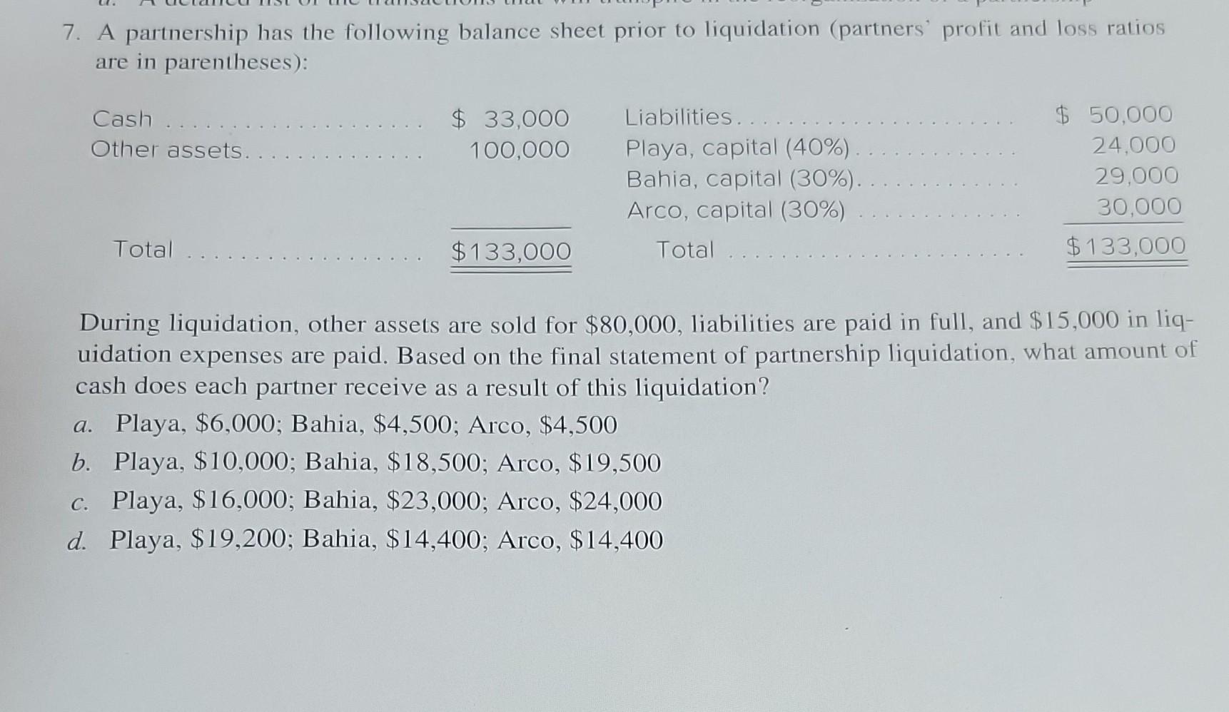Worksheet Example Partnership Liquidation Solved 7. A partnership has the following balance sheet | Chegg.com