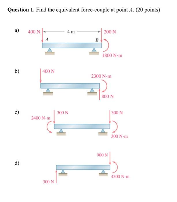 Question 1. Find the equivalent force-couple at point | Chegg.com