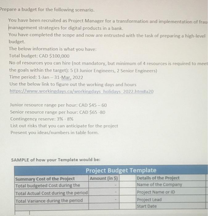 Solved Prepare A Budget For The Following Scenario. You Have | Chegg.com