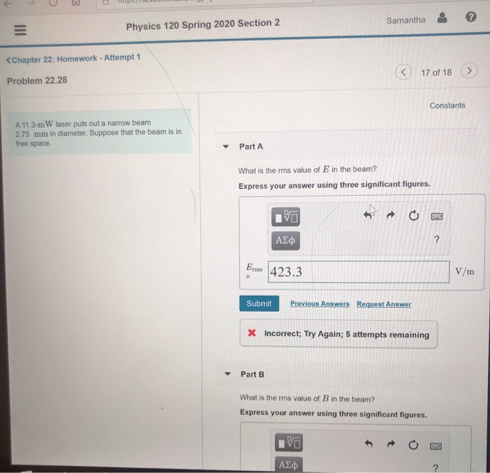 Solved Physics 120 Spring 2020 Section 2 Samantha 8 | Chegg.com