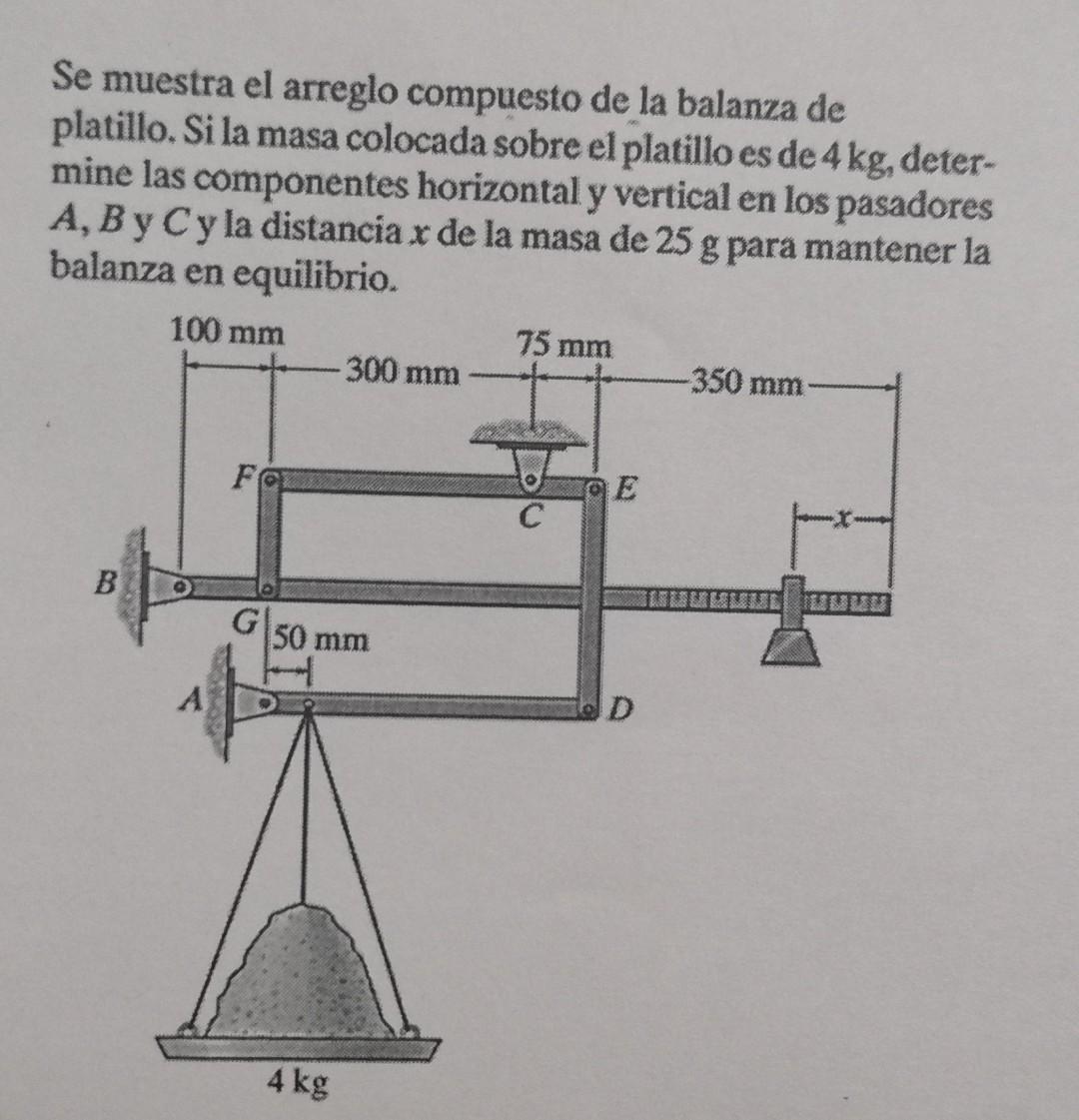 Se muestra el arreglo compuesto de la balanza de platillo. Si la masa colocada sobre el platillo es de \( 4 \mathrm{~kg} \),