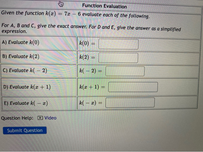 Solved Function Evaluation Given the function k(x) = 72 - 6 | Chegg.com