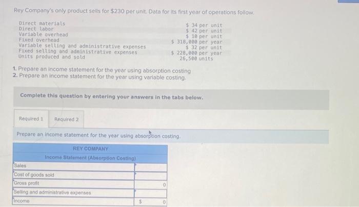 Solved Rey Companys Only Product Sells For 230 Per Unit