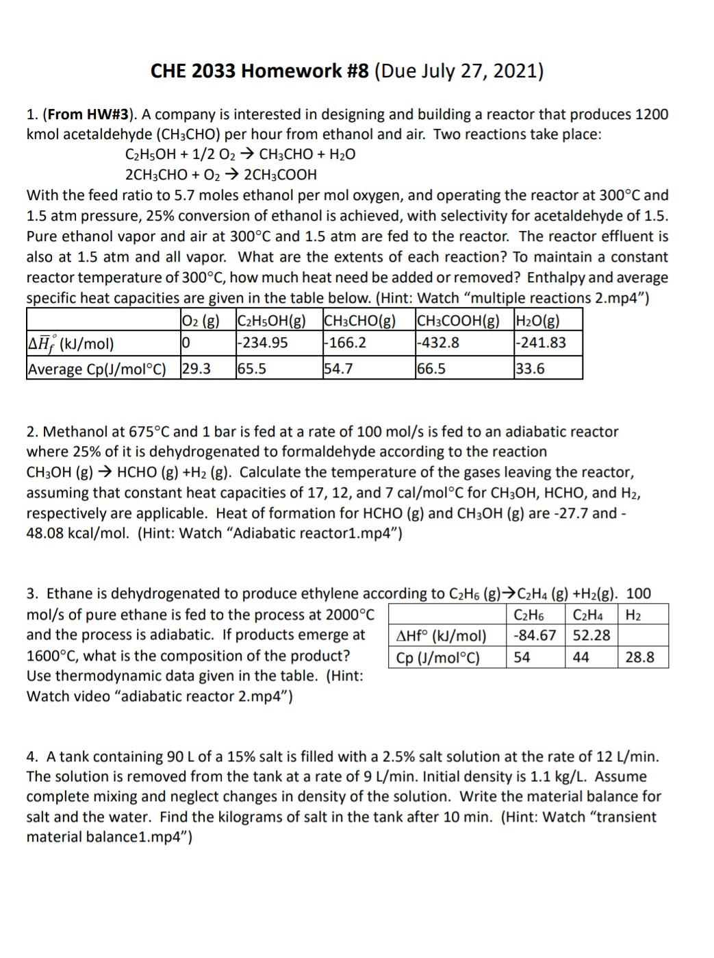 Solved CHE 2033 Homework 8 Due July 27 2021 1. From Chegg