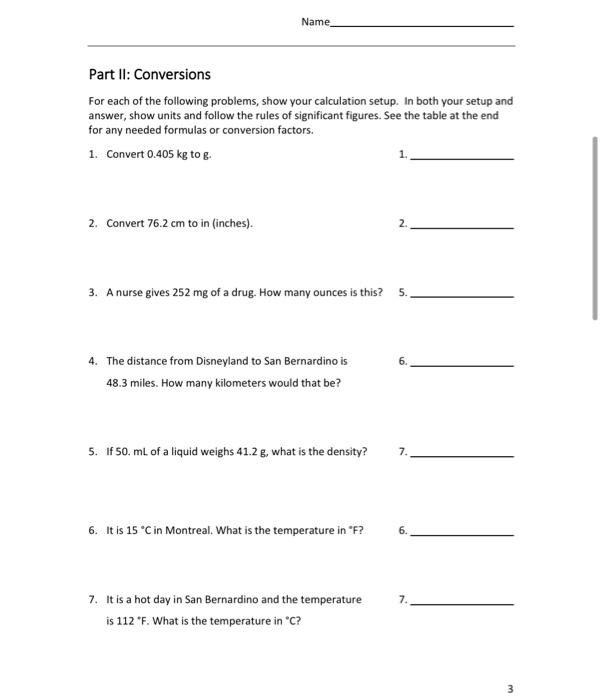 Solved Name Part II: Conversions For each of the following | Chegg.com