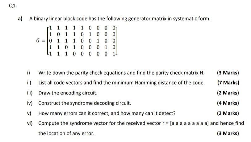 Solved Q1. A) A Binary Linear Block Code Has The Following | Chegg.com