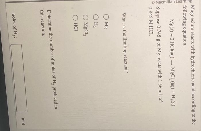 Solved Magnesium Reacts With Hydrochloric Acid According 2453