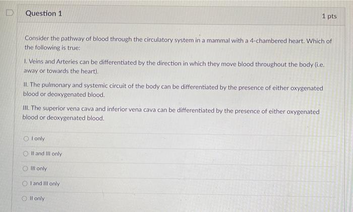 Solved D Question 1 1 pts Consider the pathway of blood | Chegg.com