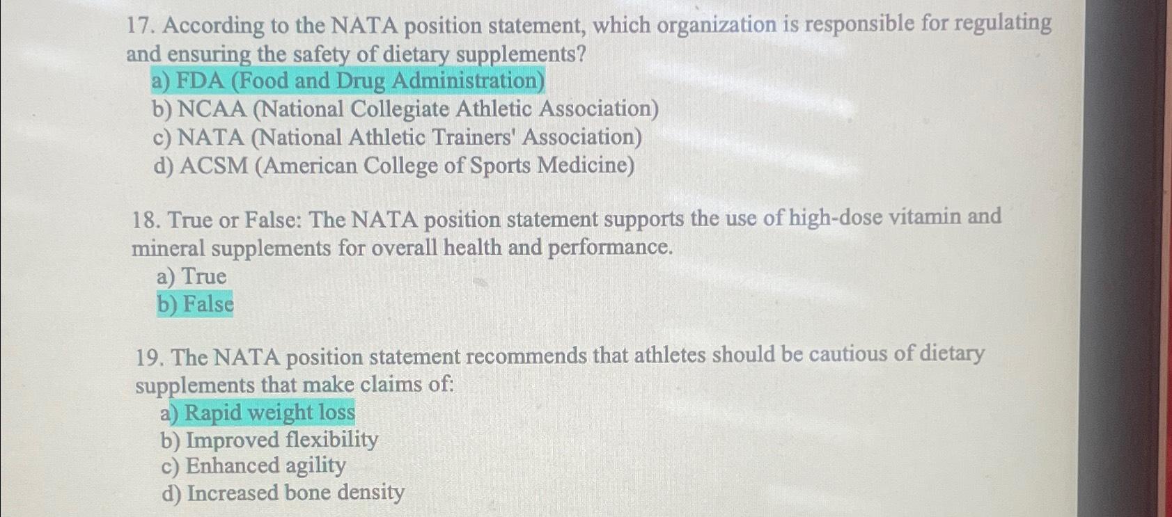 Solved According to the NATA position statement, which