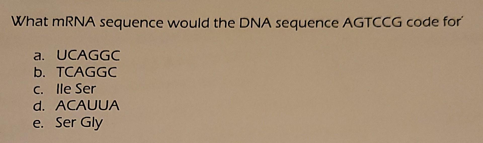 Solved What mRNA sequence would the DNA sequence AGTCCG code | Chegg.com