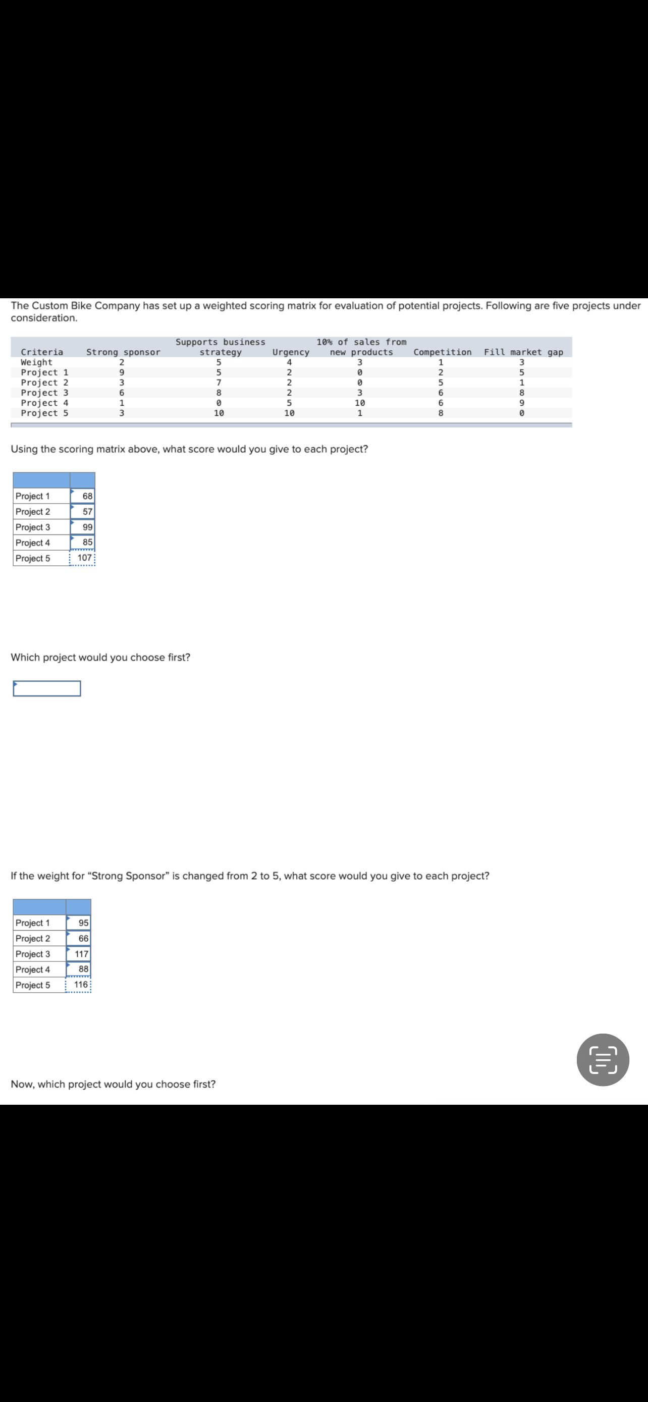 Solved The Custom Bike Company has set up a weighted scoring | Chegg.com
