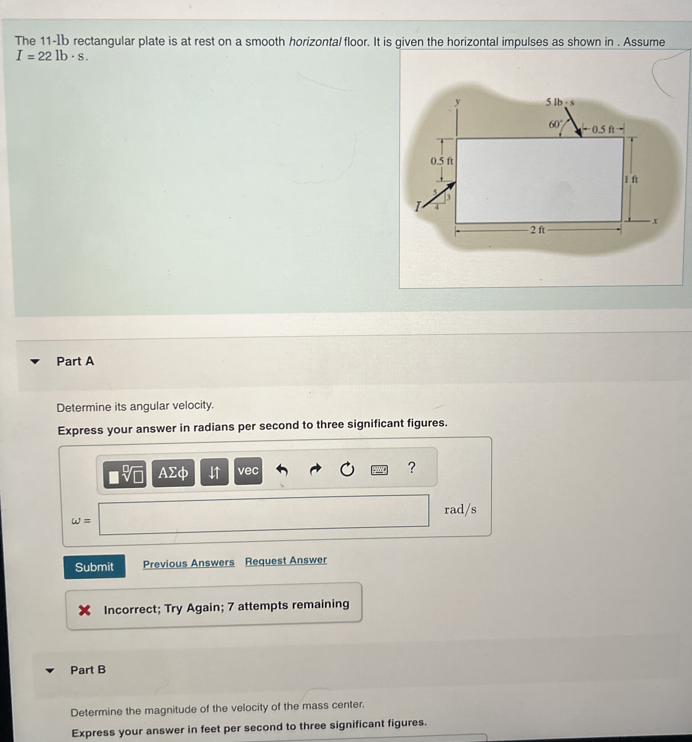 Solved The 11-lb rectangular plate is at rest on a smooth | Chegg.com