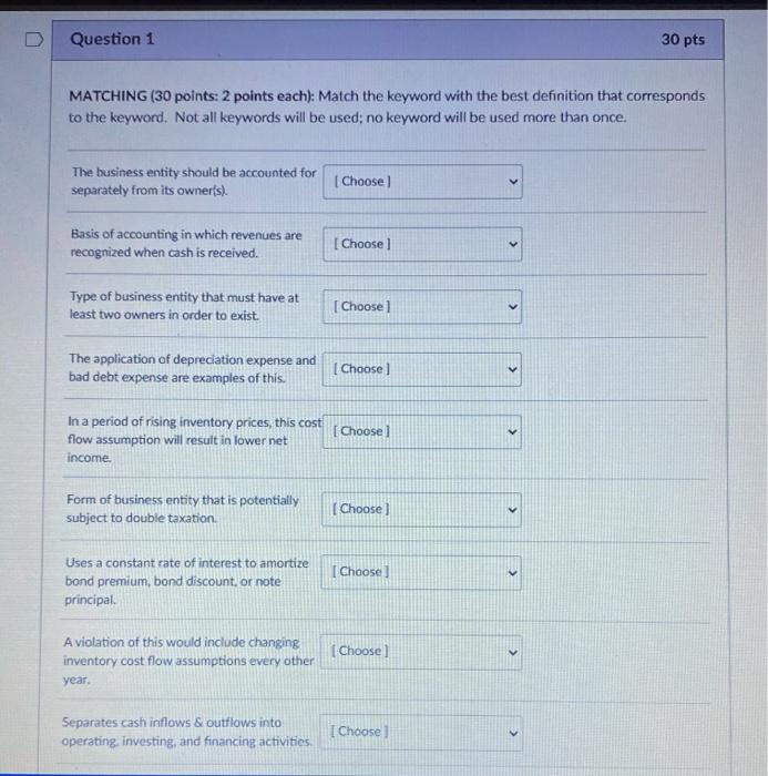 Solved Question 1 30 pts MATCHING (30 points: 2 points | Chegg.com