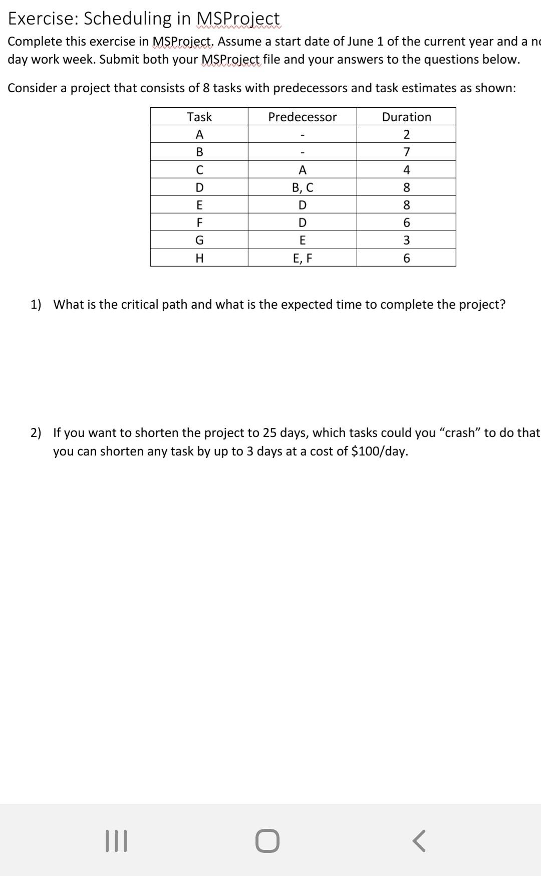 Solved Exercise: Scheduling in MSProject Complete this | Chegg.com