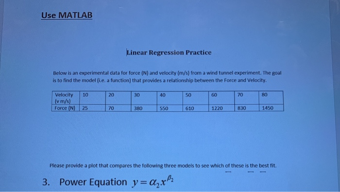 Solved Power Equation y=ar, Use MATLAB Linear Regression | Chegg.com