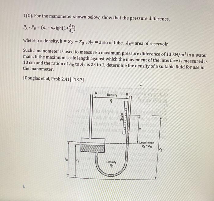 Solved 1(C). For the manometer shown below, show that the | Chegg.com