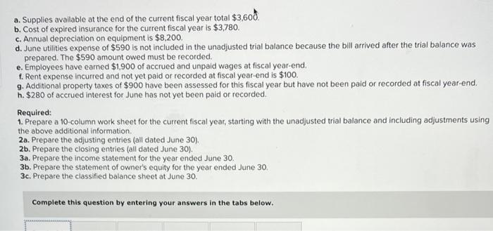 a. Supplies available at the end of the current fiscal year total \( \$ 3,600 \).
b. Cost of expired insurance for the curren