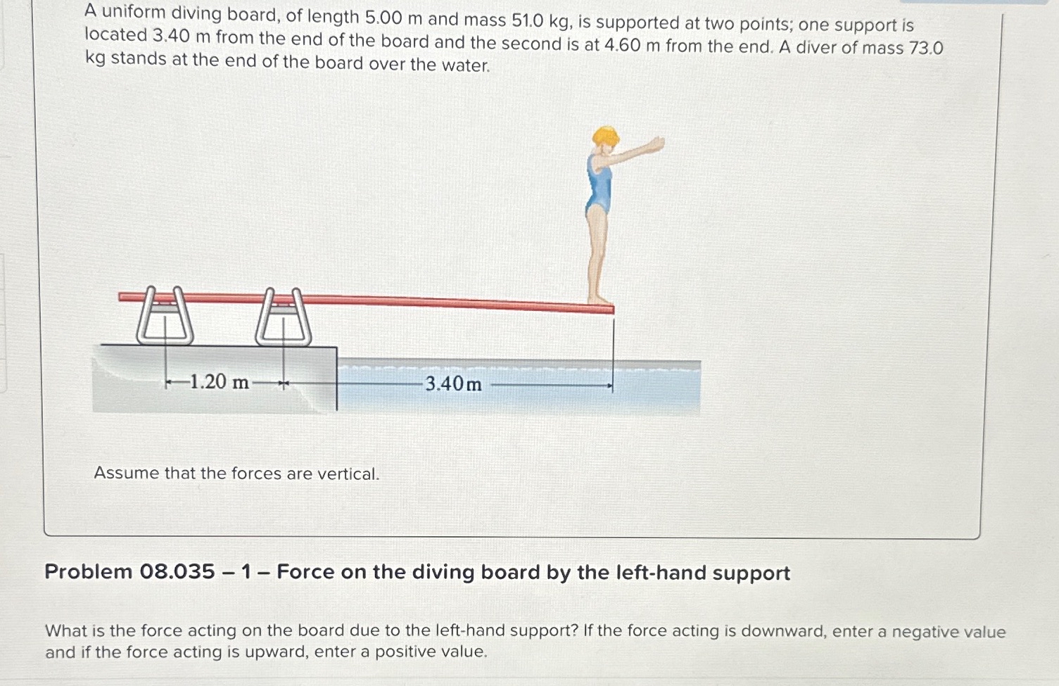 Solved A uniform diving board, of length 5.00m ﻿and mass