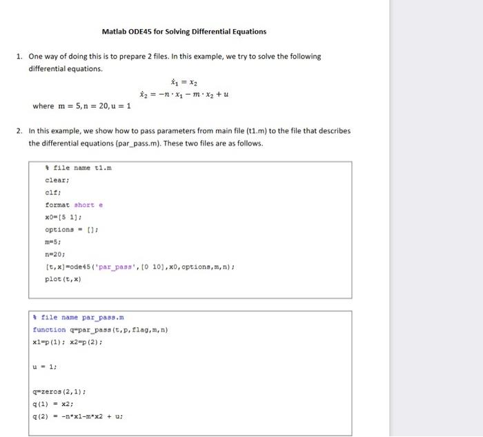 Solved Matlab ODE45 For Solving Differential Equations 1. | Chegg.com