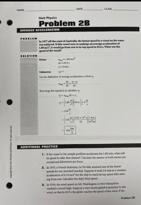 Solved NAME DATE CLASS Holt Physics Problem 2B AVERAGE | Chegg.com