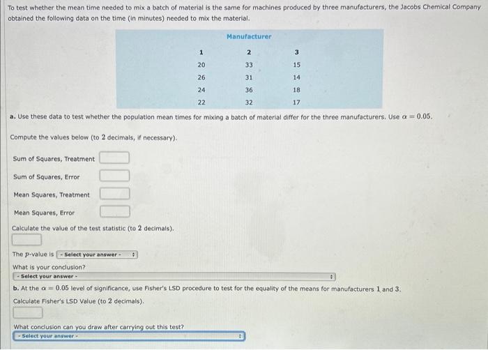 Solved To test whether the mean time needed to mix a batch | Chegg.com