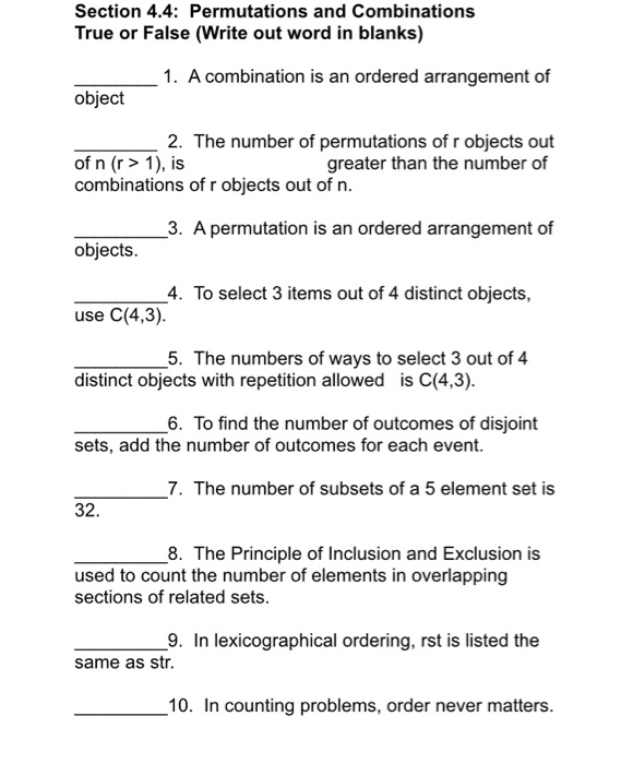 Solved Section 4 4 Permutations And Combinations True Or Chegg Com