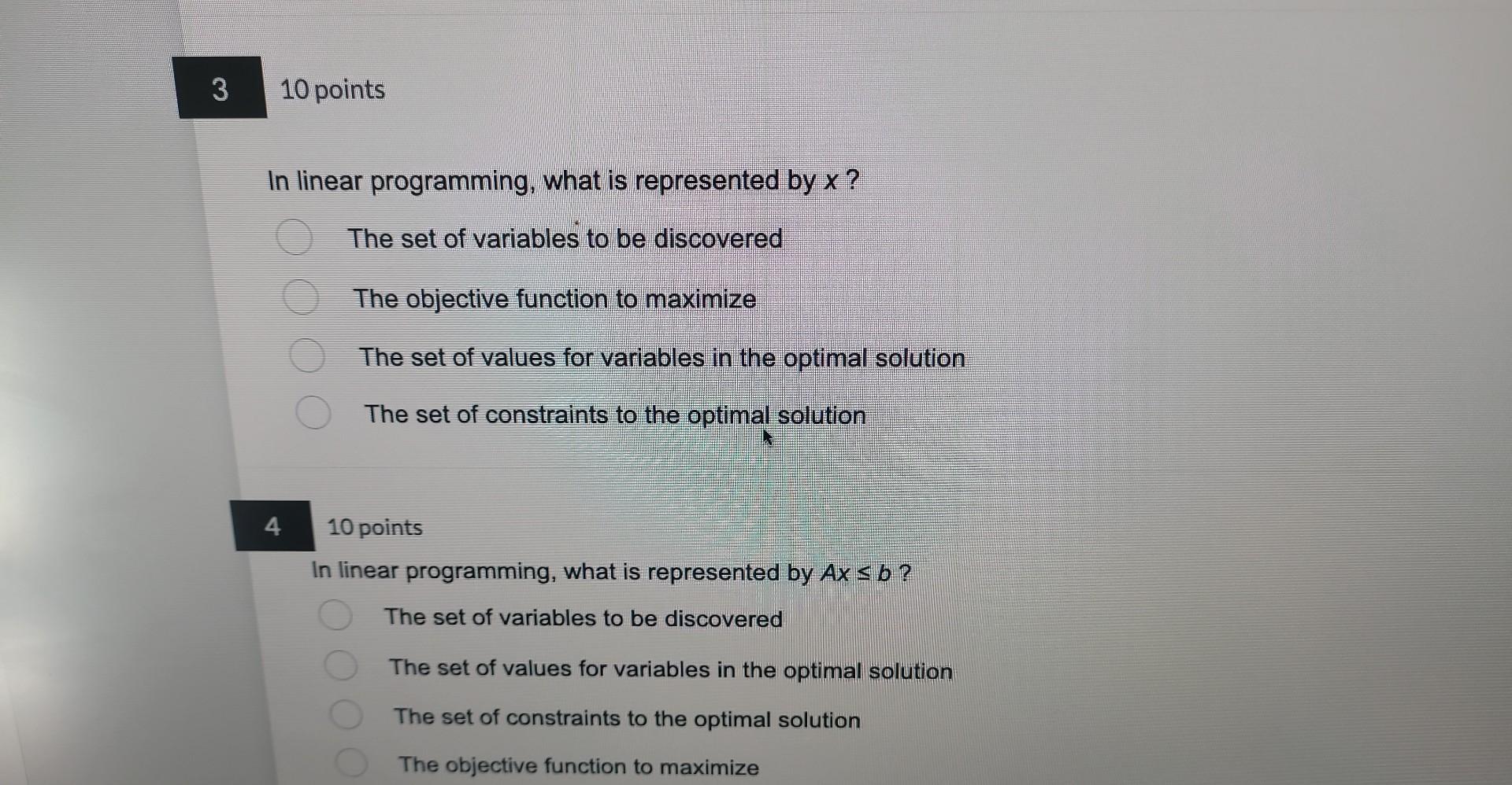 Solved 10 points What is the purpose of Linear Programming? | Chegg.com