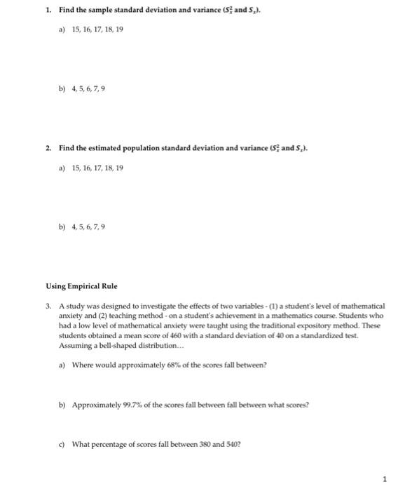 Solved 1. Find the sample standard deviation and variance (s | Chegg.com