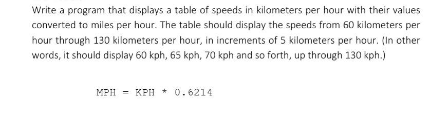 Solved Write a program that displays a table of speeds in Chegg