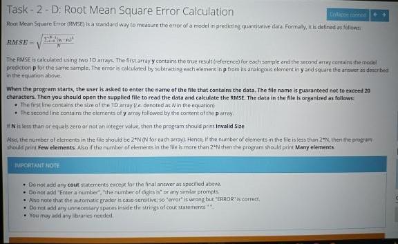 Solved Task - 2-D: Root Mean Square Error Calculation Root | Chegg.com