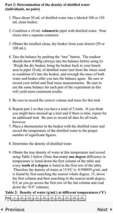 Solved Part 2: Determination of the density of distilled | Chegg.com