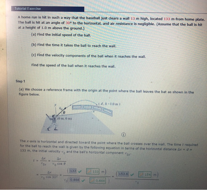 Physics Home Run Problem Solved Tutorial Exercise A home run is hit in such a way | Chegg.com