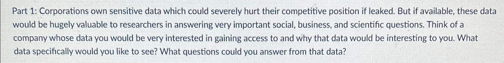 Solved Part 1: Corporations Own Sensitive Data Which Could | Chegg.com