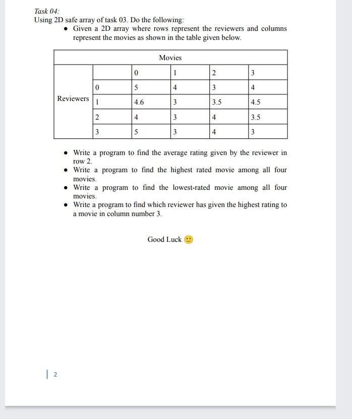 Task 04:
Using 2D safe array of task 03. Do the following:
- Given a 2D array where rows represent the reviewers and columns