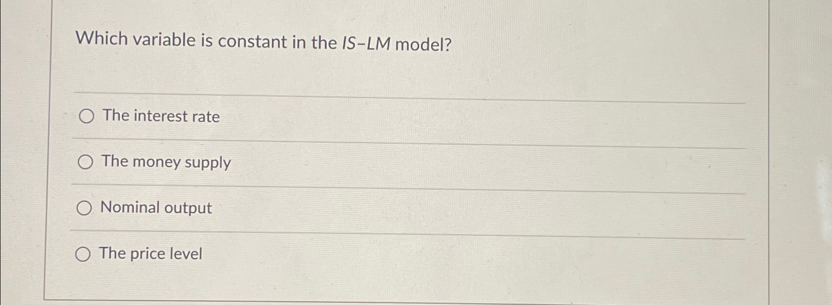 Solved Which variable is constant in the IS-LM model?The | Chegg.com