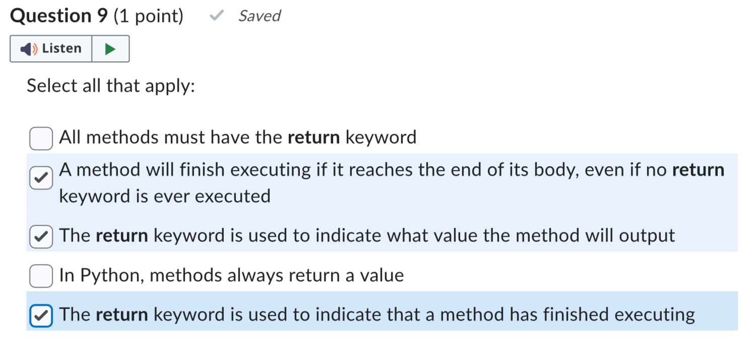 return keyword in python - comparison - python help -... Solved Question 9 (1 point)Select all that apply:All | Chegg.com