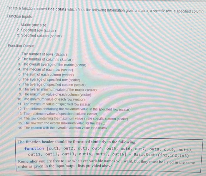 Solved Create a function named Basic Stats which finds the | Chegg.com