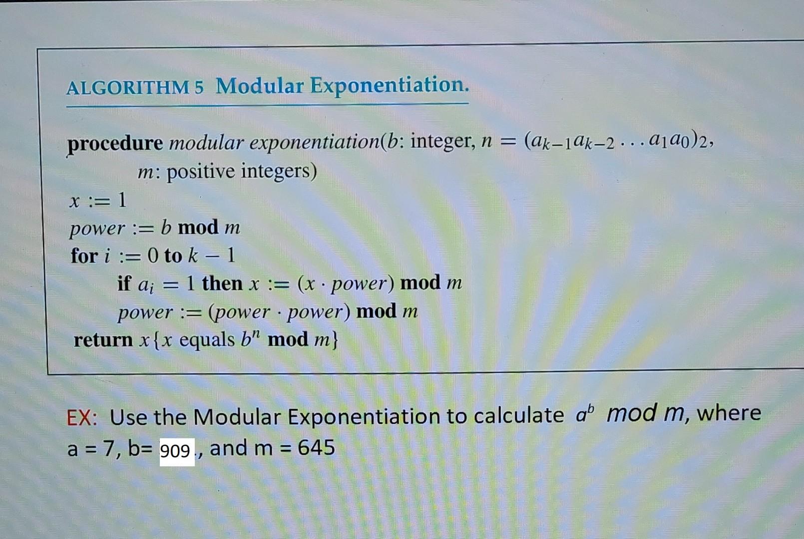 solved-algorithm-5-modular-exponentiation-procedure-modular-chegg