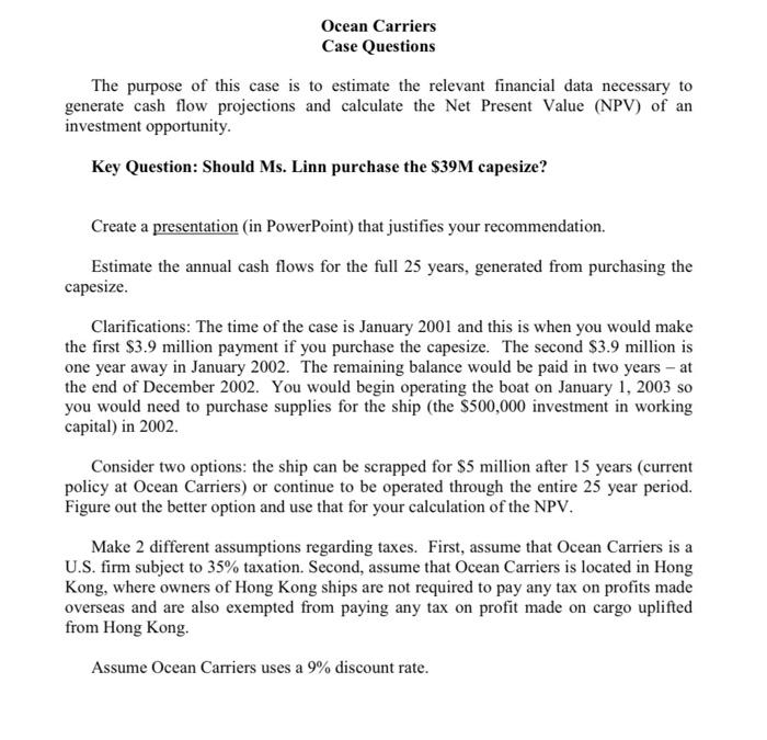 ocean carriers case solution npv