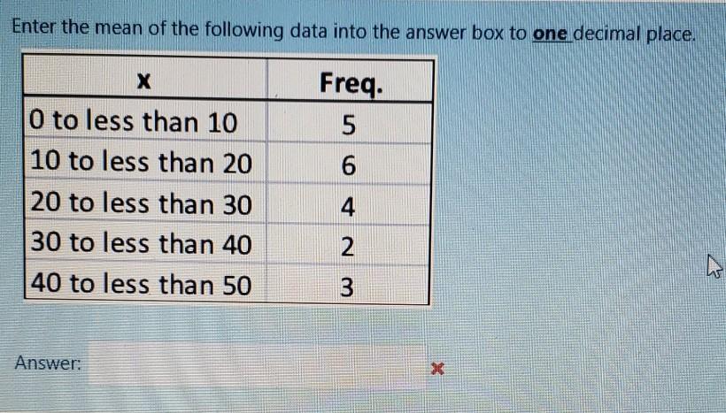 Solved Enter the mean of the following data into the answer | Chegg.com