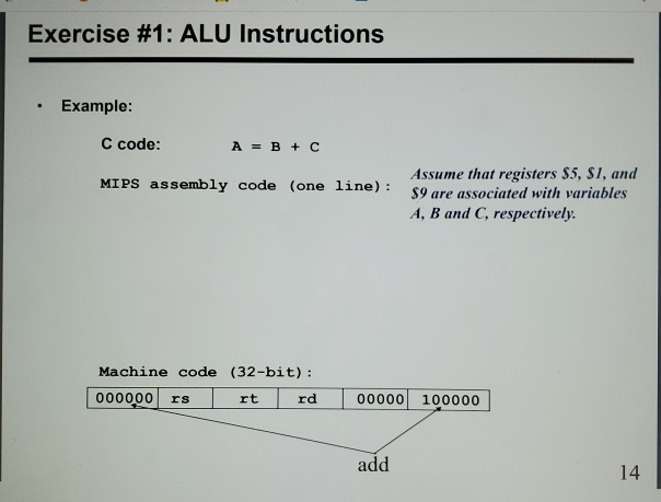 Exercise #1: ALU Instructions Example: C code: A = B | Chegg.com